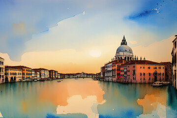 Fototapeta premium Watercolor postcard Venice, view of grand canal and basilica, Gondolas and San Giorgio Maggiore island, Generative AI.
