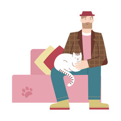Bearded man in a hat and jacket with a cat in his arms on a pink sofa isolated on white background vector 