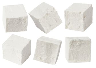 Feta, Greek cheese cubes, isolated on white background, full depth of field