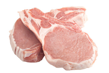 fresh raw meat on white background, pork, beef, chop on bone, full depth of field