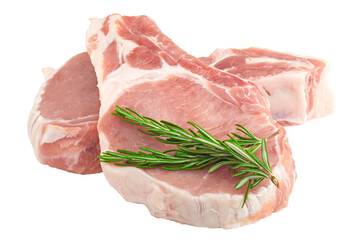 fresh raw meat on white background, pork, beef, chop on bone, full depth of field