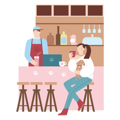 Beautiful fashionable girl with a dog in her arms sitting on a bar stool with a cup in her hands near the bar and bartender with a cocktail vector on white 