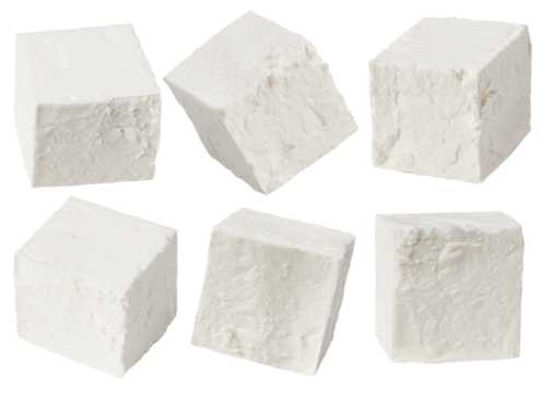 Feta, Greek cheese cubes, isolated on white background, full depth of field