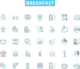 Breakfast linear icons set. Pancakes, Waffles, Omelette, Cereal, Toast, Bagel, Croissant line vector and concept signs. EnglishMuffin,Bacon,Sausage outline illustrations