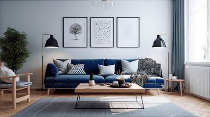 warm living room with a dark blue sofa and a large wooden frame, Scandinavian style. Generative AI