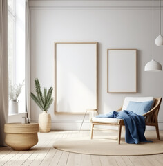 living room interior design mock up, minimal and functional apartment design mock up, Generative AI