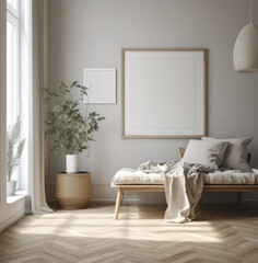 living room interior design mock up, minimal and functional apartment design mock up, Generative AI