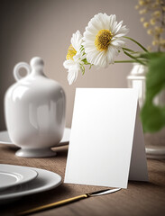 Vertical white blank of paper mockup on table with flowers and dish in restaurant. Empty card for wedding table number or dinner menu template. Generative AI - 597612049