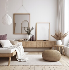 living room interior design mock up, minimal and functional apartment design mock up, Generative AI