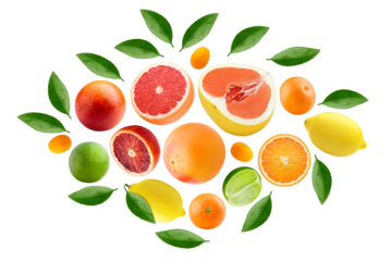 citrus isolated on white background, pomelo, grapefruit, orange, lemon, tangerine, lime, kumquat