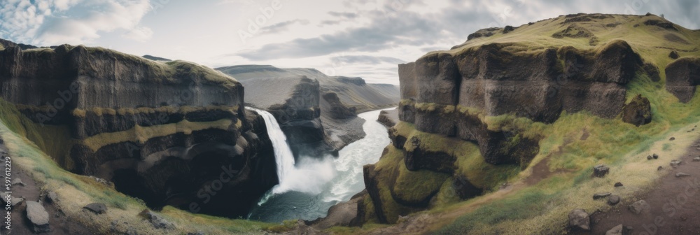 Poster a view of a waterfall from the top of a cliff. ai generative image.