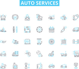 Auto services linear icons set. Maintenance, Repair, Inspection, Detailing, Oil change, Brakes, Tires line vector and concept signs. Alignment,Transmission,Engine outline illustrations