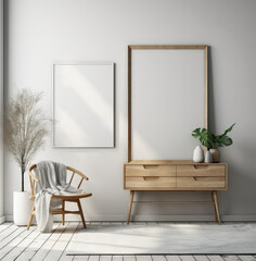 living room interior design mock up, minimal and functional apartment design mock up, Generative AI