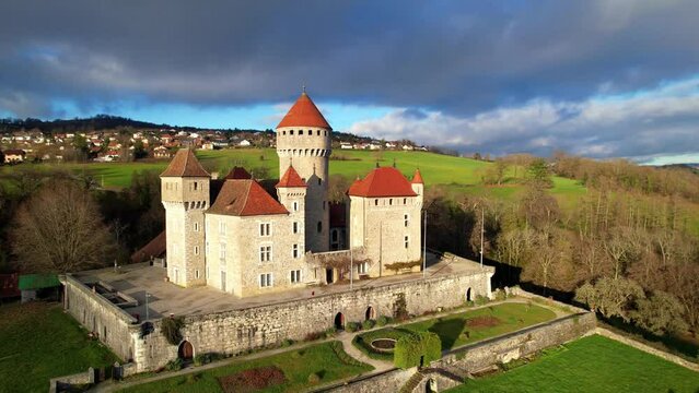 Aerial drone overflight of beauiful medieval castle Chateau de Montrottier, Rhone-Alpes, Savoie, France