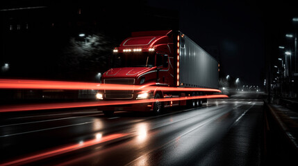 A truck speeding in the city at night with taillights giving a speed impression. Generative AI - obrazy, fototapety, plakaty
