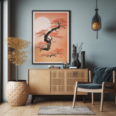 poster mockup in a japanese colorful chic home 