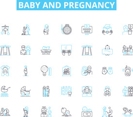 Baby and pregnancy linear icons set. Infant, Maternity, Fetus, Belly, Womb, Labor, Conception line vector and concept signs. Ultrasound,Diaper,Cravings outline illustrations