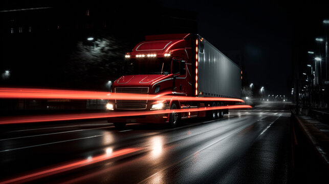 A truck speeding in the city at night with taillights giving a speed impression. Generative AI