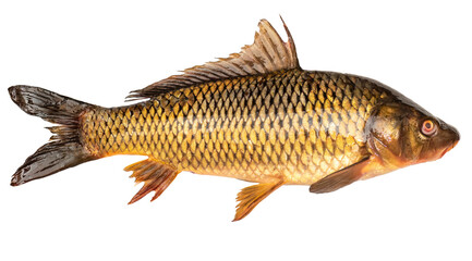 Golden carp live fish isolated on transparent background. Carved fish object for advertising and decoration.