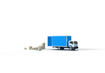 A car truck transports cardboard boxes. 3d render on the topic of freight transportation, relocation, delivery, courier. Minimal style, transparent background.