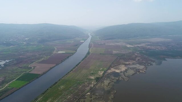 Aerial view of Karacabey Longoz Forests in Bursa. formed as a result of overflow of river and covered with forest waters.