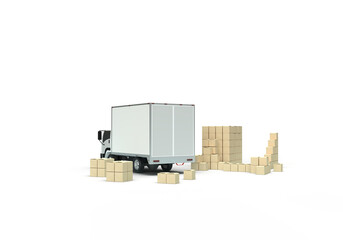 A car truck transports cardboard boxes. 3d render on the topic of freight transportation, relocation, delivery, courier. Minimal style, transparent background.
