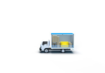 A car truck transports things, furniture, boxes. 3d render on the topic of cargo transportation, driving, business, delivery of goods. Minimal style, transparent background.