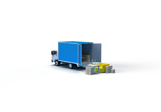 A car truck transports things, furniture, boxes. 3d render on the topic of cargo transportation, driving, business, delivery of goods. Minimal style, transparent background.