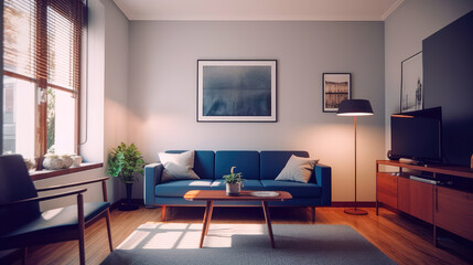 Fototapeta premium warm living room with a dark blue sofa and a large wooden frame, Scandinavian style. Generative AI