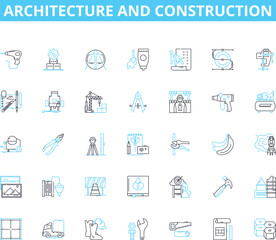 Architecture and construction linear icons set. Blueprint, Foundation, Modern, Traditional, Structure, Design, Innovation line vector and concept signs. Engineering,Urban,Rural outline illustrations