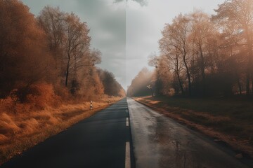 A stunning wallpaper of a road that splits in two time zones, leading into the infinite distance.
