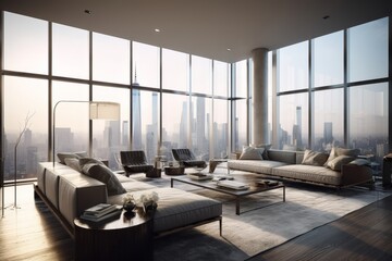 Living room with a view. Luxurious living room in a penthouse with floor-to-ceiling windows offering a stunning view of the city skyline. Generative AI. - obrazy, fototapety, plakaty