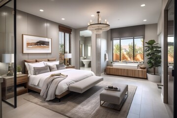Master bedroom suite. Spacious master bedroom suite with a king-sized bed, a sitting area, walk-in closets, and an en-suite bathroom with a Jacuzzi tub. Generative AI