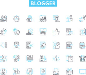 Blogger linear icons set. Writing, Blogging, Content, Platform, Creativity, Personal, Expression line vector and concept signs. Design,Technology,Engagement outline illustrations