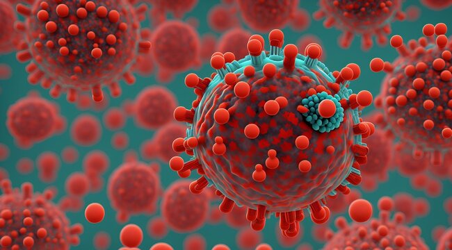 HIV Virus Particles Budding away from T Lymphocytes Cell, created with Generative AI technology