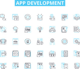 App development linear icons set. Platform, Framework, Code, Interface, Compatibility, Usability, Functionality line vector and concept signs. Design,Integration,User experience outline illustrations