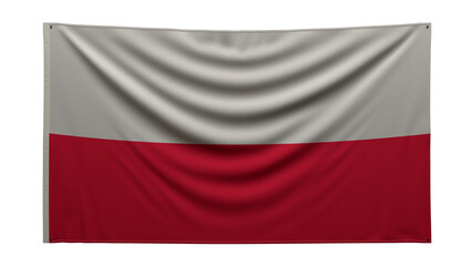 Textured flag. The flag of 
Poland hangs on the wall. Texture of dense fabric. The flag is pinned to the wall. Polish flag on a white background. 3D render	