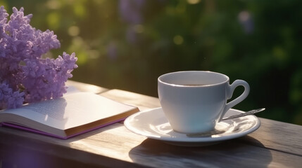 Fototapeta premium Cup of coffee with book and Lilly flowers. Illustration AI Generative.