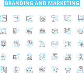 Branding and marketing linear icons set. Identity, Perception, Logo, Advertising, Positioning, Targeting, Authenticity line vector and concept signs. Messaging,Differentiation,Storytelling outline