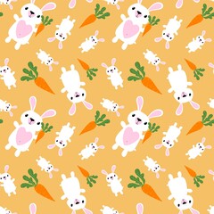 Fototapeta premium Cartoon animals seamless Easter eggs and rabbit and paint bunnies pattern for wrapping paper and kids clothes print