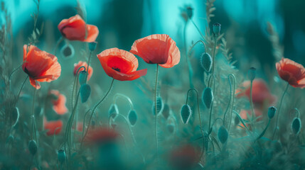 Red poppies background. Illustration AI Generative.