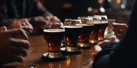 Fototapeta na wymiar Beer glasses on dark table. Generative AI