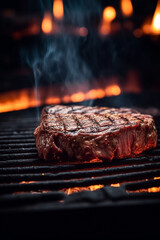 Сooked Hot Medium Rare Ribeye Steak on Wooden Board, steam from meat, grilled	