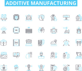 Additive manufacturing linear icons set. D printing, Layering, Polymerization, Filament, Resin, Laser, Retraction line vector and concept signs. Extrusion,Sintering,Rapid prototyping outline - obrazy, fototapety, plakaty
