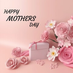 Happy Mothers Day celebration illustration with rose pink and white flowers and a bow tied present generative AI illustration