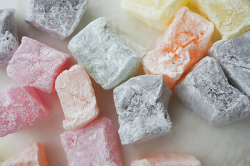  turkish delight or lokum of red, green, orange and yellow colors.