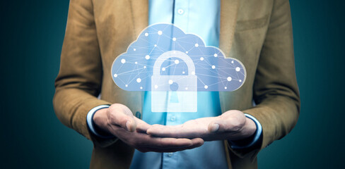 Cloud technology. Polygonal wireframe cloud storage sign with padlock