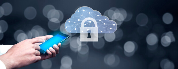Cloud technology. Polygonal wireframe cloud storage sign with padlock