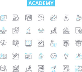 Academy linear icons set. Education, Learning, Schooling, Institution, Classroom, Instruction, Curriculum line vector and concept signs. Training,Teaching,Study outline illustrations