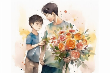 Mothers Day banner with mother and her child, watercolor Style . Generative AI